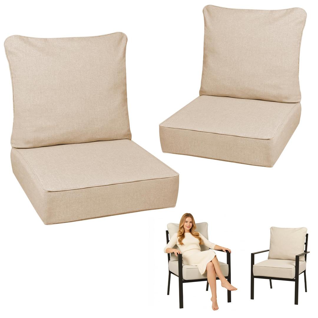 UFavo Home 6 Inch Thick Outdoor Deep Seat Cushions for Outdoor Furniture Waterproof Patio Seat Cushions with Removable Cover and Adjustable Ties, 23x26x6 Inches Outdoor Chair Cushion, Khaki