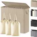 Lifewit Triple Laundry Hamper with Lid and Removable Laundry Bags, Large Collapsible 3 Dividers Dirty Clothes Basket with Handles for Bedroom Laundry Room Closet Bathroom College, 185L Beige