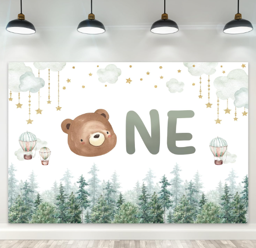 Riyidecor Bear One 1st Birthday Kids Children Backdrop Baby Shower Hot Air Balloons 5Wx3H Feet Polyester Fabric Misty Green Cloud Star Photography Background Cute Table Decor Banner Studio Photo Shoot