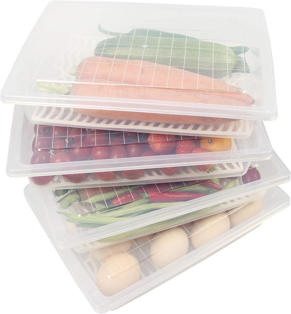 Food Storage Container, Plastic Food Containers with Removable Drain Plate and Lid, Stackable Portable Freezer Storage Containers - Tray to Keep Fruits, Vegetables, Meat and More (4,Large)