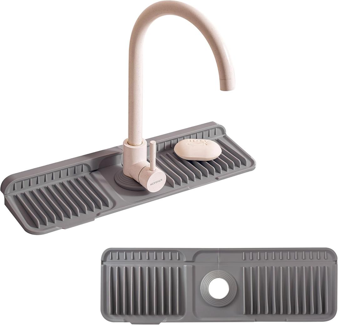 17.7" Silicone Sink Splash Guard - Multi-Functional Kitchen Sink Mat with Drip Tray, Sponge Holder & Soap Dish, 6 Slope Design for Easy Drainage, Foldable & Fasten Button for Secure Fit,Grey (17" x 5.5")
