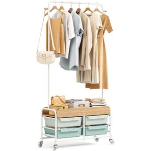 Clothes Rack with Drawer, Clothing Rack for Hanging Clothes | Rolling Metal Garment Rack with Wooden Tabletop for Bedroom Closet Living Room (Green)