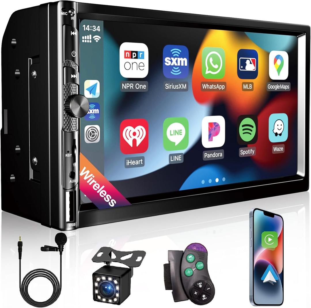 7 Inch Car Stereo with Wireless Apple CarPlay,Double Din Car Radio Androdi Auto,Bluetooth 5.2,IPS 1024 * 600 Display,FM Radio, Backup Camera,Online Navigation,178 * 100mm,Car Audio Receivers