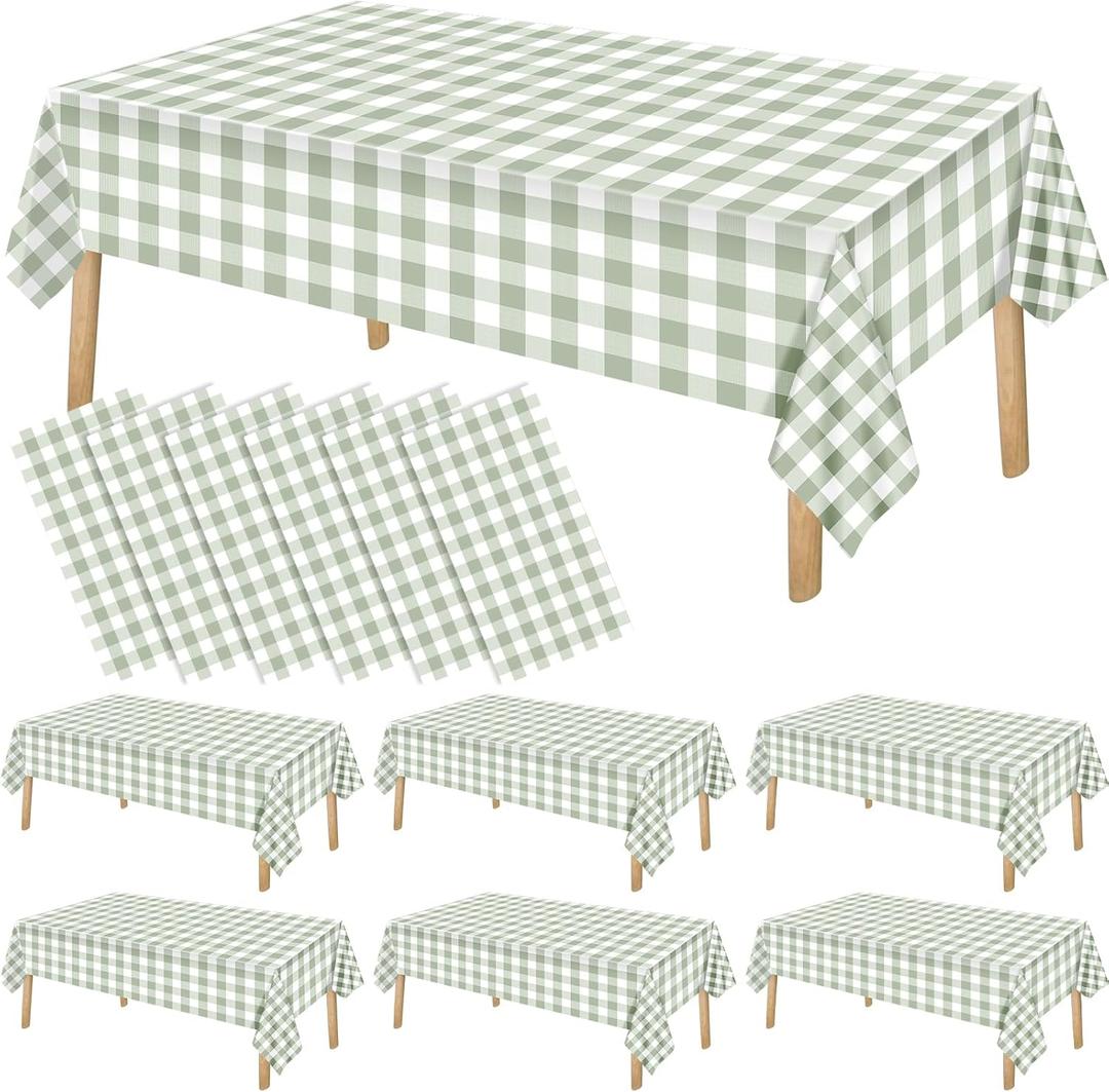 FuWeave 6 Pcs Green and White Checkered Tablecloths Disposable Plastic Gingham Table Cloths Waterproof Rectangle Plaid Table Cover for Wedding Picnic Birthday Party Decor, 54 x 108 Inch