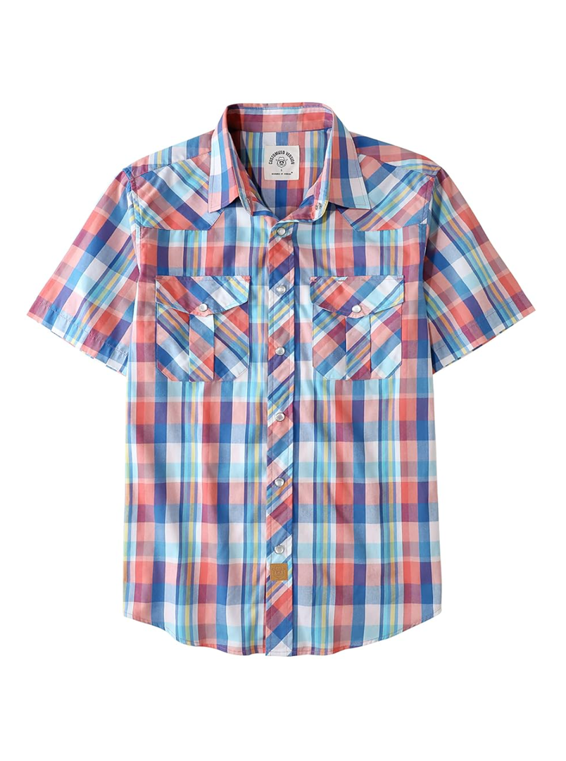 Dubinik® Western Shirts for Men Short Sleeve Plaid Pearl Snap Shirts for Men Button Up Shirt Cowboy Casual Work Shirt Size S