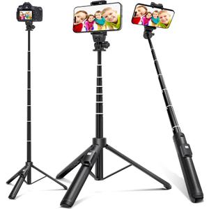 BZE 62 inches Extendable Selfie Stick Tripod with Wireless Remote & Phone Holder, Portable Aluminum Alloy 3 in 1 Stand for Group Photos, Vlogging & Travel Compatible with All Smartphones