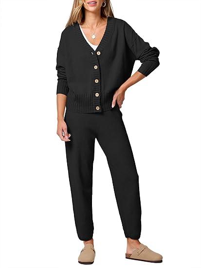 ANRABESS Women 2 Piece Outfits Waffle Knit Long Sleeve Cardigan Set Casual Sweater Pants Lounge Sets 2024 Fall Clothes, Size XL