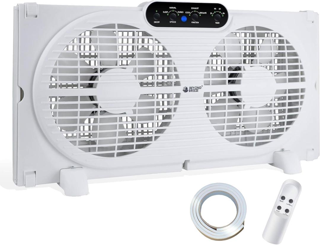 BEYOND BREEZE Twin Window Fan with Reversible Airflow, 9-Inch Window Fan with Timer, Remote Control and 3 Speeds, Expandable Window Exchaust Fans for Home Bedroom