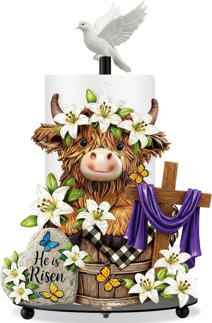 Chunful Easter Highland Cow Metal Paper Towel Holder, 12.6 Inch Tall He is Risen Religious Kitchen Decor with Cross & White Floral, Non-Slip Round Base for Bathroom Countertop or Christian Gift