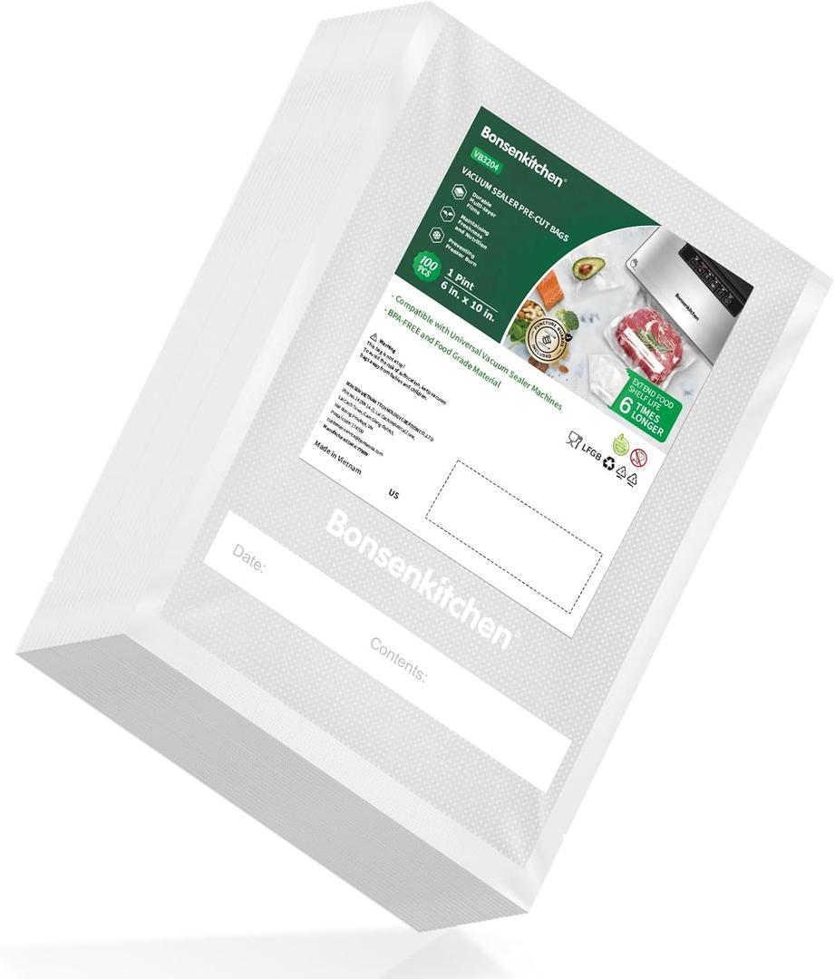 Bonsenkitchen Precut Vacuum Food Sealer Bags 100 Pint, 6" x 10", BPA Free, Commercial Grade Textured Food Vacuum Sealer Bag, Thick Embossed Bags for Food Storage and Sous Vide Cooking VB3204