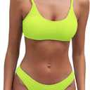 Fanuerg Women's Ribbed Bikini Sets Scoop Neck Cheeky Swimsuit Textured Two Piece Bathing Suit (Green, L)