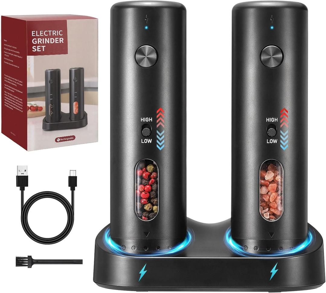 Rechargeable Salt Grinder Set Top-Refill Electric Grinders with Variable Grinding Speed, External Adjustable Coarseness, Black