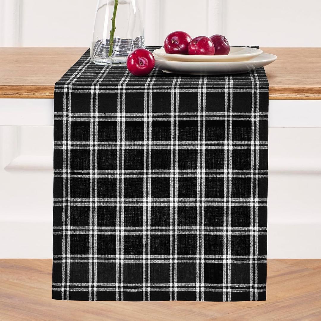2 x Solino Home Table Runner 90 Inches Long - 100% Pure Linen Marseille Plaid Black Table Runner 14 x 90 Inch for Dining