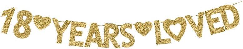 18 Years Loved Banner, Happy 18th Birthday Party Decorations Wedding Anniversary Gold Gliter Paper Signs