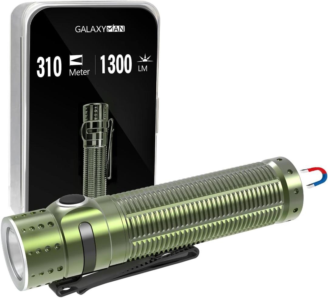 Galaxyman EDC Flashlight Rechargeable,1300 Lumen and 310M Long Throw LED Compact Pocket Flash Light with Magnetic Base, Waterproof Small Powerful Lighting for Camping, Hiking and Home Use-Green