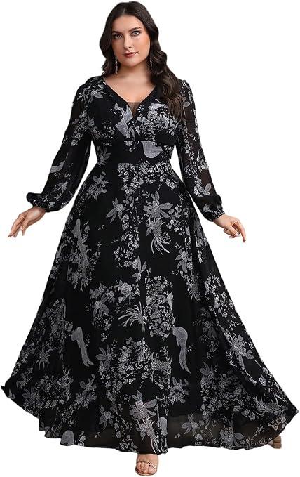 Spring Summer 2026 Plus Size Women's Dresses V Neck Casual Elegant Long Sleeve Floral Print Boho Vacation Maxi Dress, X-Large, Black-1138