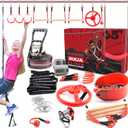 Fofana Ninja Warrior Obstacle Course for Kids - 11 Obstacles, 65 Ft Slackline, Climbing Ladder, Spinning Wheel, Gym Rings, Monkey Bars, Pulley & Swing Sets for Backyard - Outdoor Zip Line for Kids