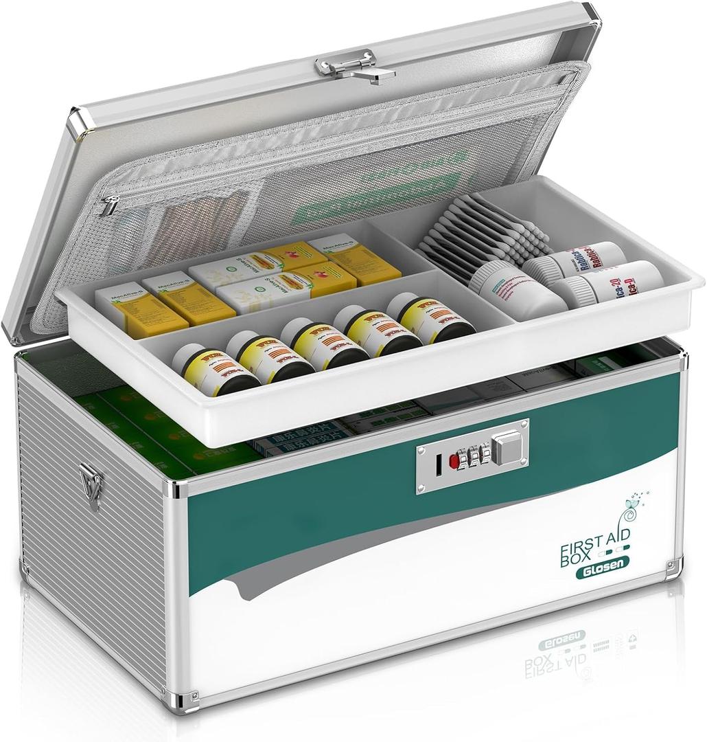 Glosen Medicine Lock Box with Combination Lock, Medication lock box Extra Large 16 x 9.25 x 7.5 Inch medicine safe lock box, medical box organizer (Silver)