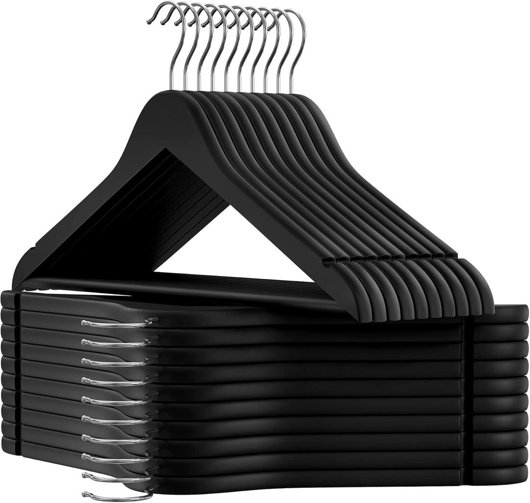 SONGMICS Set of 20 Wooden Hangers with Rubber Coating, Non-Slip Coat Hangers with Shoulder Grooves, Pants Bar, 360 Swivel Hook, for Jackets, Shirts, Black UCRW011B02