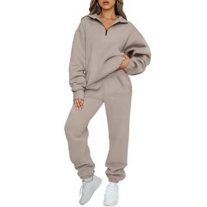 AUTOMET Women's Sweatsuits 2 Piece Outfits Lounge Sets Long Sleeve Half Zip Pullover and Baggy Sweatpants with Pockets CoffeeGrey L, 