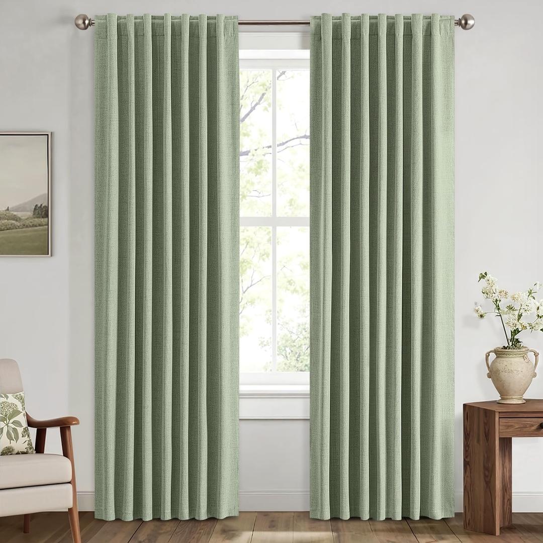  100% Blackout Linen Curtains for Bedroom, Sage Green Solid Luxury Decor Thermal Insulation Room Darkening Drapes for Living Room Nursery Back Tab Rod Pocket 70 x 80 Inches, 2 Panels