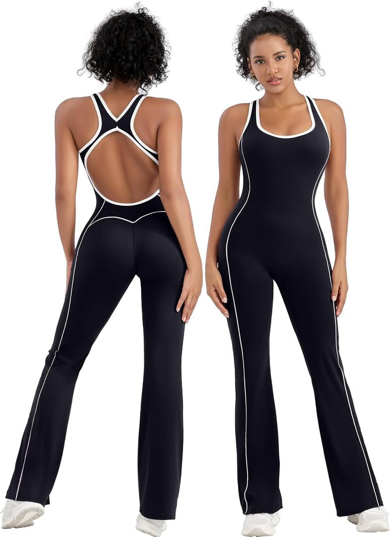 TDIFFUN Women Flare Jumpsuits Backless Workout Hollow One Piece Sleeveless Padded Unitard Sexy Gym Yoga Outfits (Black, M)