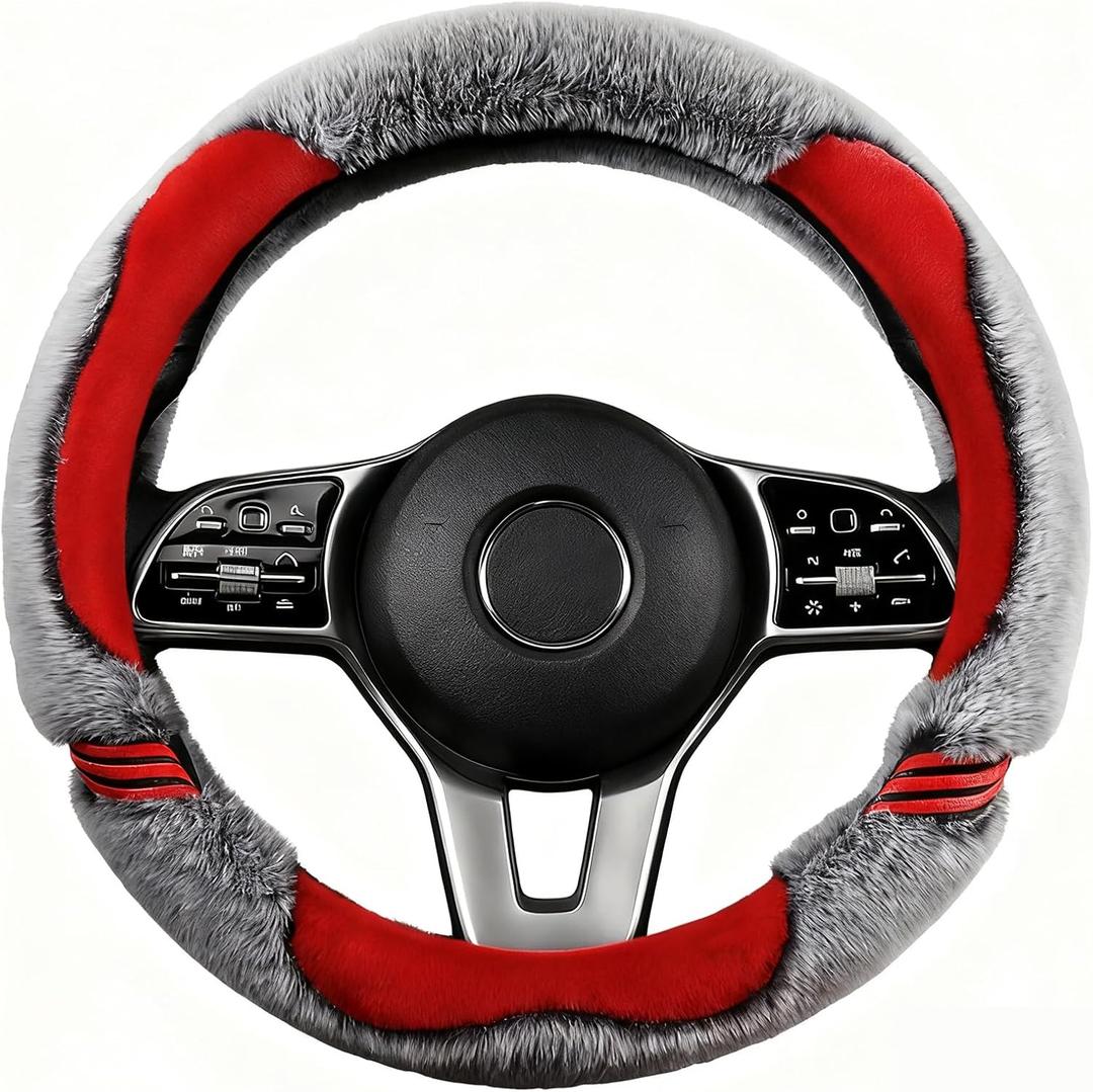 Soft Fuzzy Fluffy Fur Steering Wheel Cover Leather Women Men Red Sute Sporty 14 inch Universual Car Accessories Non-Slip Decoration