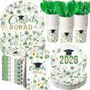 400 Pcs Class of 2026 Sage Green Floral Graduation Decorations for 50, Green and Gold Graduation Paper Plates Napkins and Cups Cutlery Grad Tableware for 2026 Congrats Grad Party Supply