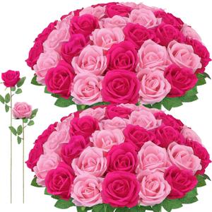 72 Pcs Artificial Roses Hot Pink, Pink Fake Silk Roses Realistic Roses Faux Flower Indoor Wedding Home Decor, Birthday Decorations