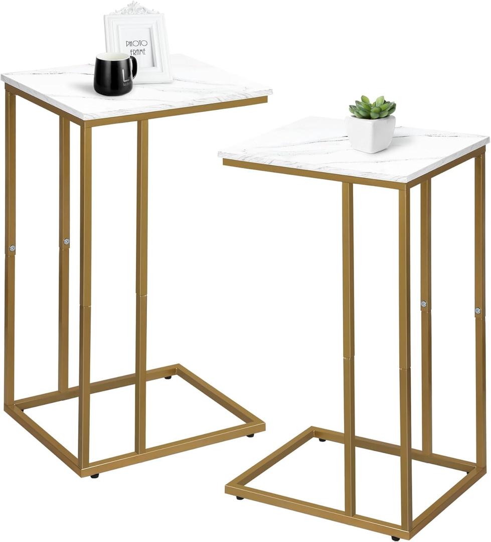 Possile C Shaped End Table Set of 2, Small Side Table for Sofa and Bed, Couch Tables That Slide Under, Snack Side Table for Living Room, Bedroom, White Faux Marble and Gold