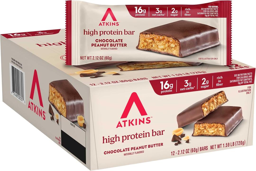 Atkins Chocolate Peanut Butter Protein Meal Bar, High Fiber, 16g Protein, Low Sugar, 3g Net Carb, Low Carb, Keto Friendly, 12 Count (EXP 05/15/27)
