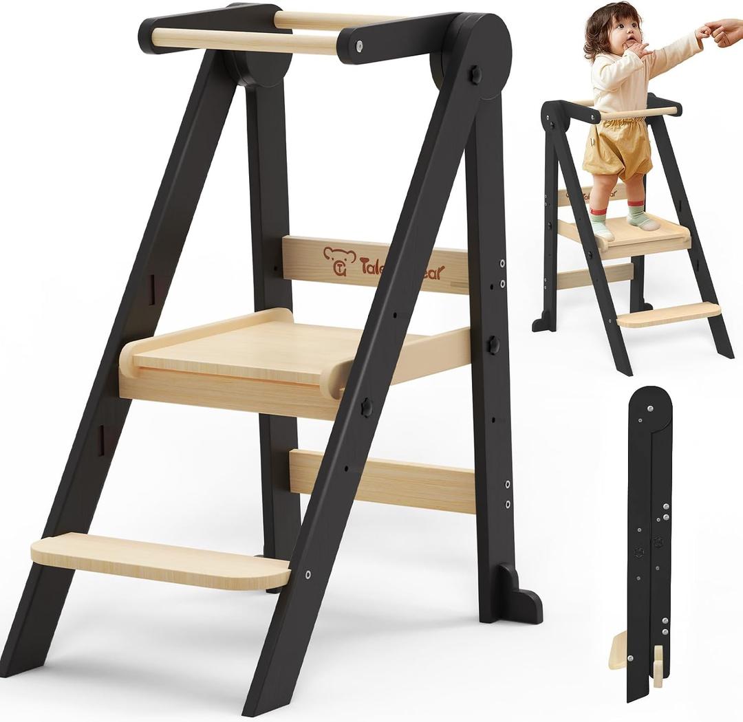 Foldable Toddler Kitchen Stool Helper, Toddler Standing Tower with 3 Adjustable Heights, Collapsible Wooden Step Stool for Kitchen & Bathroom, Montessori Learning Helper Tower for Toddlers Aged 1-6