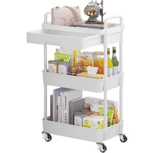 Calmootey 3-Tier Rolling Utility Cart with Drawer, Multifunctional Storage Organizer with Plastic Shelf & Metal Wheels, Storage Cart for Kitchen, Bathroom, Living Room, Office, White