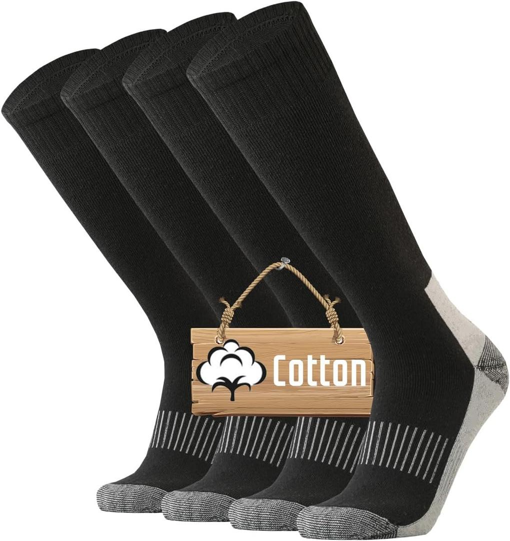 ONKE Knee High Socks Cushioned Moisture Wicking for Mens Over the Calf OTC Steel Toe Western Work Boot Thermal Hiking Hunting (13-15, Black(cotton/4 Pairs))