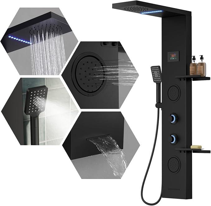 5 in 1 Matte Black Rainfall Shower Panel Tower System With Storage Shelf
Stainless Steel Shower Tower with Rainfall Shower Handheld and Tub Spout Powerful Body Jets Shower Panel Set by BATHLAVISH