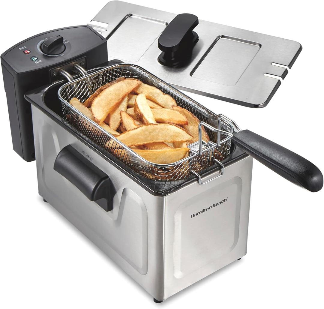 Hamilton Beach Family Style Electric Deep Fryer, Includes Frying Basket with Hooks, 1500 Watts, Easy Detach Magnetic Cord, 3 Liter / 12 Cup Oil Capacity, Stainless Steel (35220G)