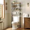Over The Toilet Storage Rack, Bathroom Organizer with 3 Shelves & Basket, Space Saver Over Toilet Shelf with Adjustable Hooks, Rustic Brown and Black