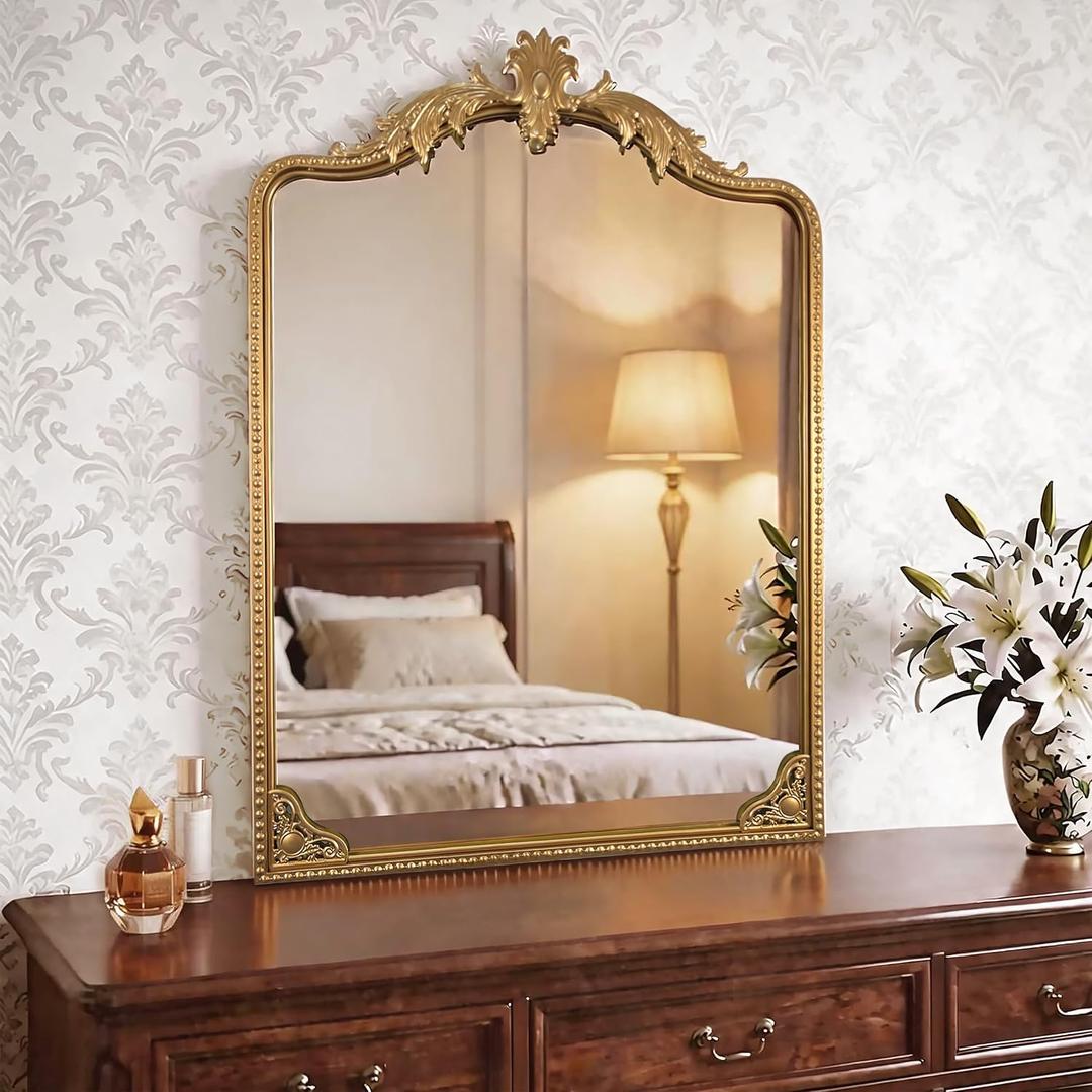 Arched Gold Carved Wall Mirror - 40''x28'' Vintage Gold Large Baroque Wall-Mounted Mirror - Iron Frame with Beaded Trim - Antique French Ornate Mirror for Entryway/Hallway/Fireplace/Bathroom