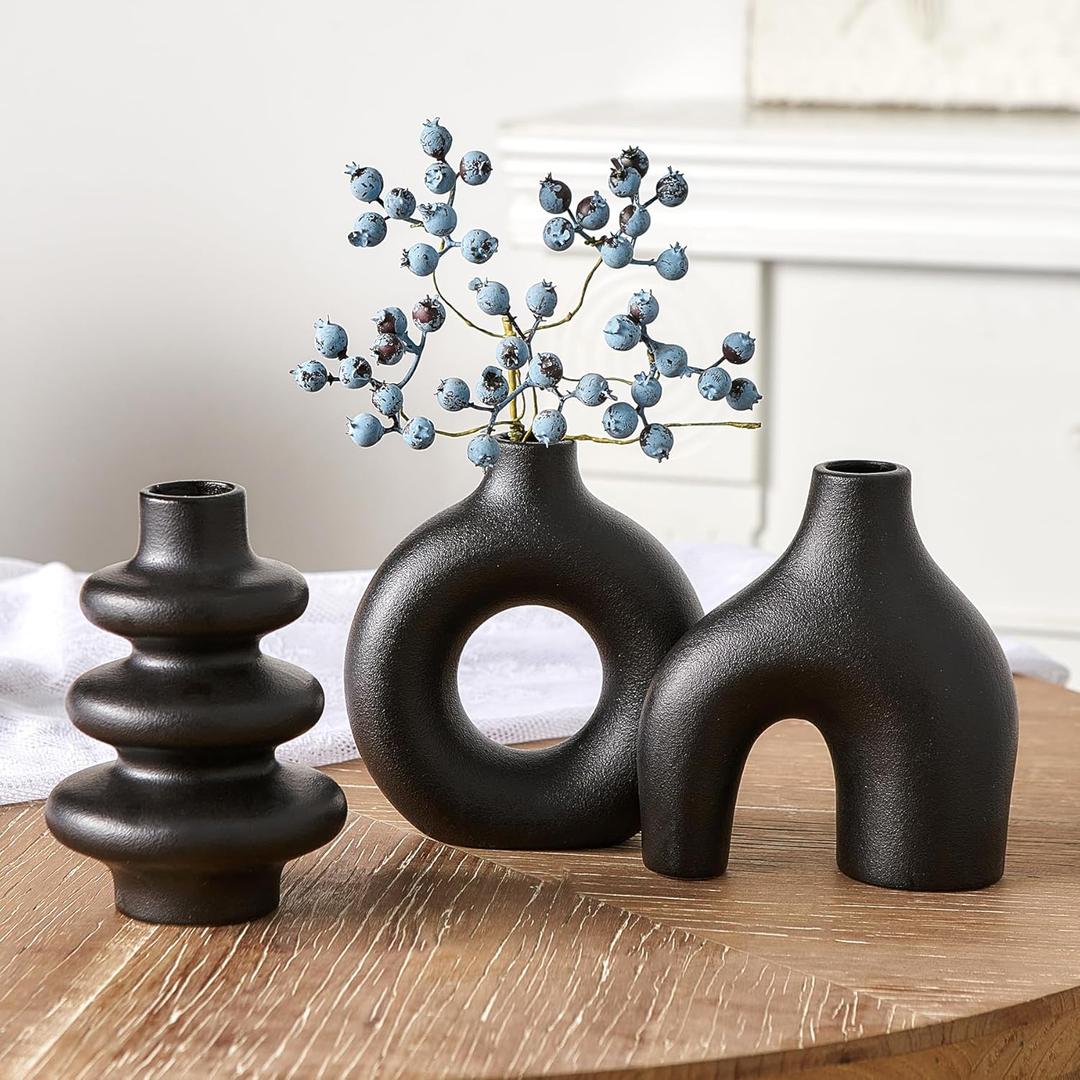 Black Ceramic Vase Set of 3, Small Flower Vases for Pampas Grass, Modern Boho Vase for Decor, Round Black Vases Centerpieces for Wedding Living Room Bedroom Coffee Table Entryway