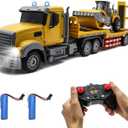 Fistone RC Semi Truck with Trailer, 1:24 RC Semi-Trailer Engineering Tractor with Sound and Lights, 2.4Ghz Remote Control Flatbed Truck with Road Roller Toys, Construction Vehicles Toy for Boys