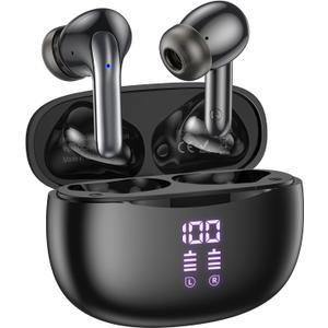 Wireless Bluetooth Headphones, 40H Playback Bluetooth Earbuds with LED Power Display Charging Case, IPX5 Waterproof Wireless Headphones for Phone Gaming TV Sports (Dual Mic-Black-Upgrade)