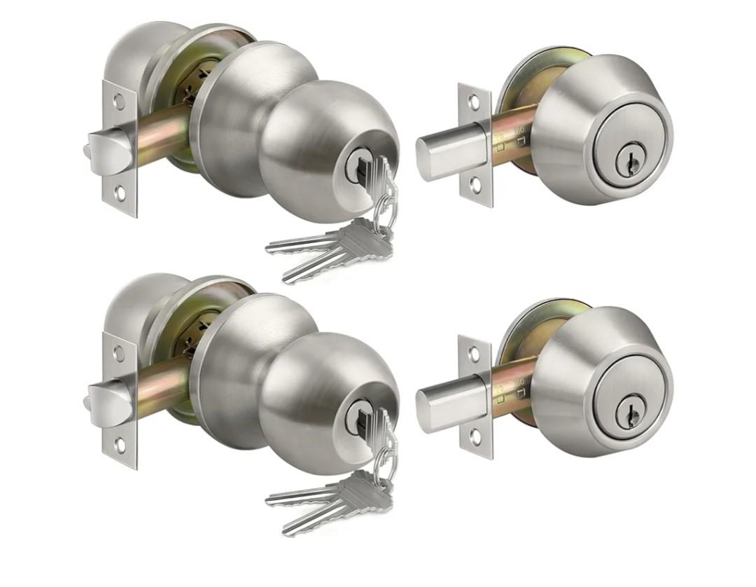 BESTTEN 2 Pack Keyed Same Exterior Door Knobs and Single Cylinder Deadbolts Combo Set, Keyed Alike Entry Door Knobs with Locks and Keys for Entrance and Front Door, Satin Nickel