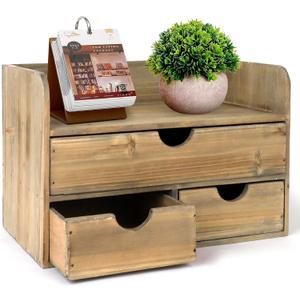 Besti Wooden Office Desk Organizer - Organizing Tool for Desktop, Cubicle, Bedroom, Kitchen - Vintage Style Organization Caddy with Top Tray Shelf & 3 Drawers - 13.6x9x7 Inches (Rustic Burnt)