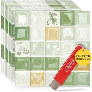 XFasten Square Peel and Stick Backsplash for Kitchen 10pcs 12 x 12 + Cutter Ornamental Tile Peel and Stick Tiles Stick on Self Adhesive Backsplash Tile for Kitchen and Bathroom
