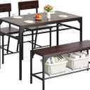 Shintenchi Kitchen Table Chairs Set of 3, Dining Table Set for 3 with Bench and Chairs, 3 Pieces Kitchen Table Set with Storage Rack & Metal Frame for Small Space, Dark Walnut