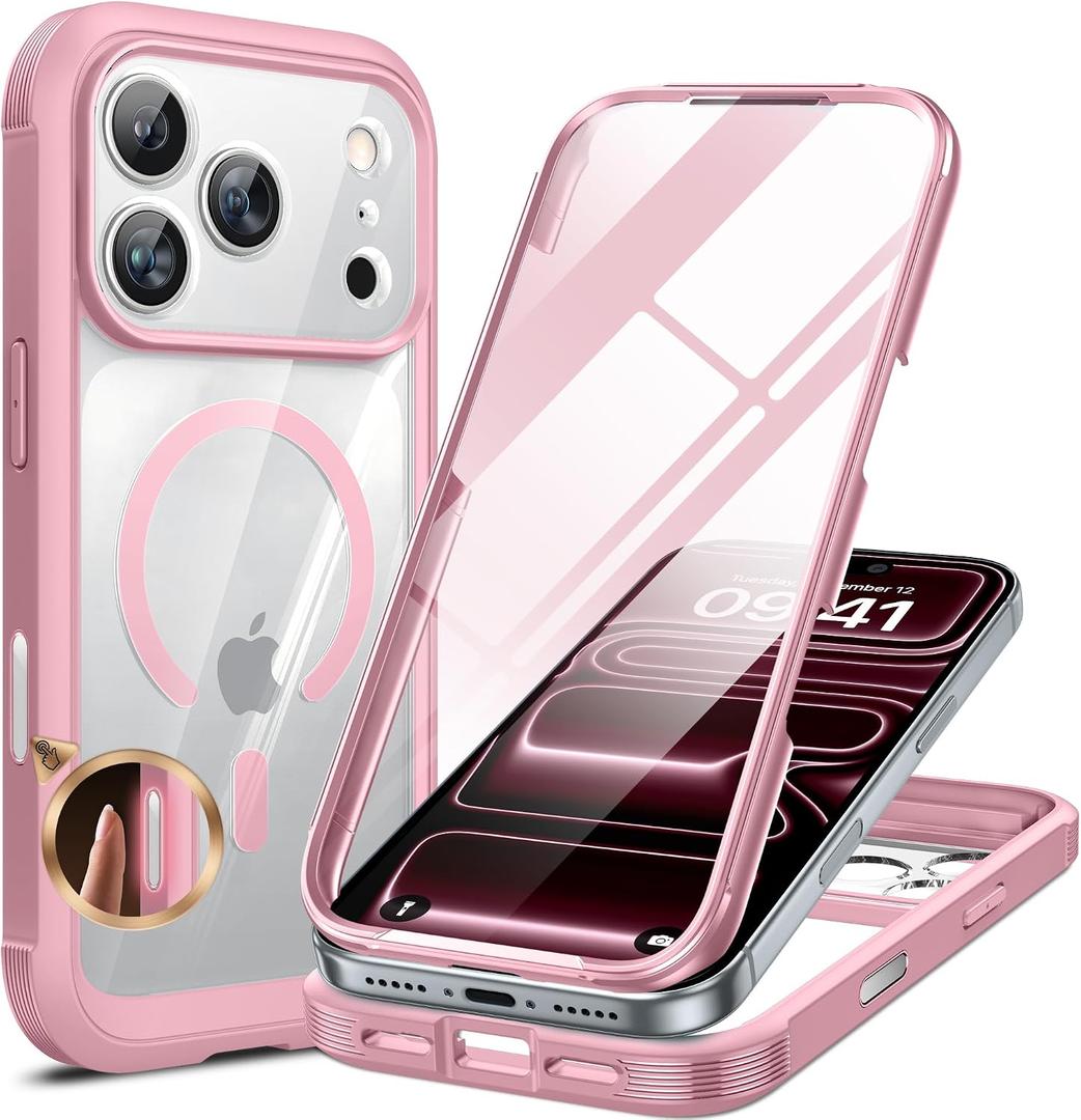 Miracase for iPhone 17 Pro Max Case 6.9" Full-Body Phone Case with Built-in Glass Screen Protector& Full Camera Protector,[Magnetic with MagSafe] Drop Proof 17 ProMax Cover, Light Pink
