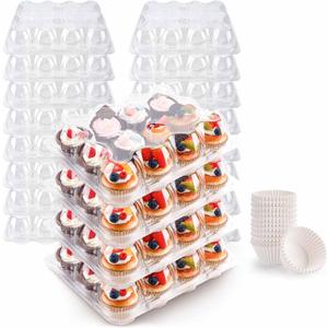 12 Count Cupcake Containers 12 Pack Cupcake Holders Plastic Stackable Cupcake Boxes with Detachable Tall Dome Lids and 144 Liners for 144 Cupcakes, BPA Free, Standard Size