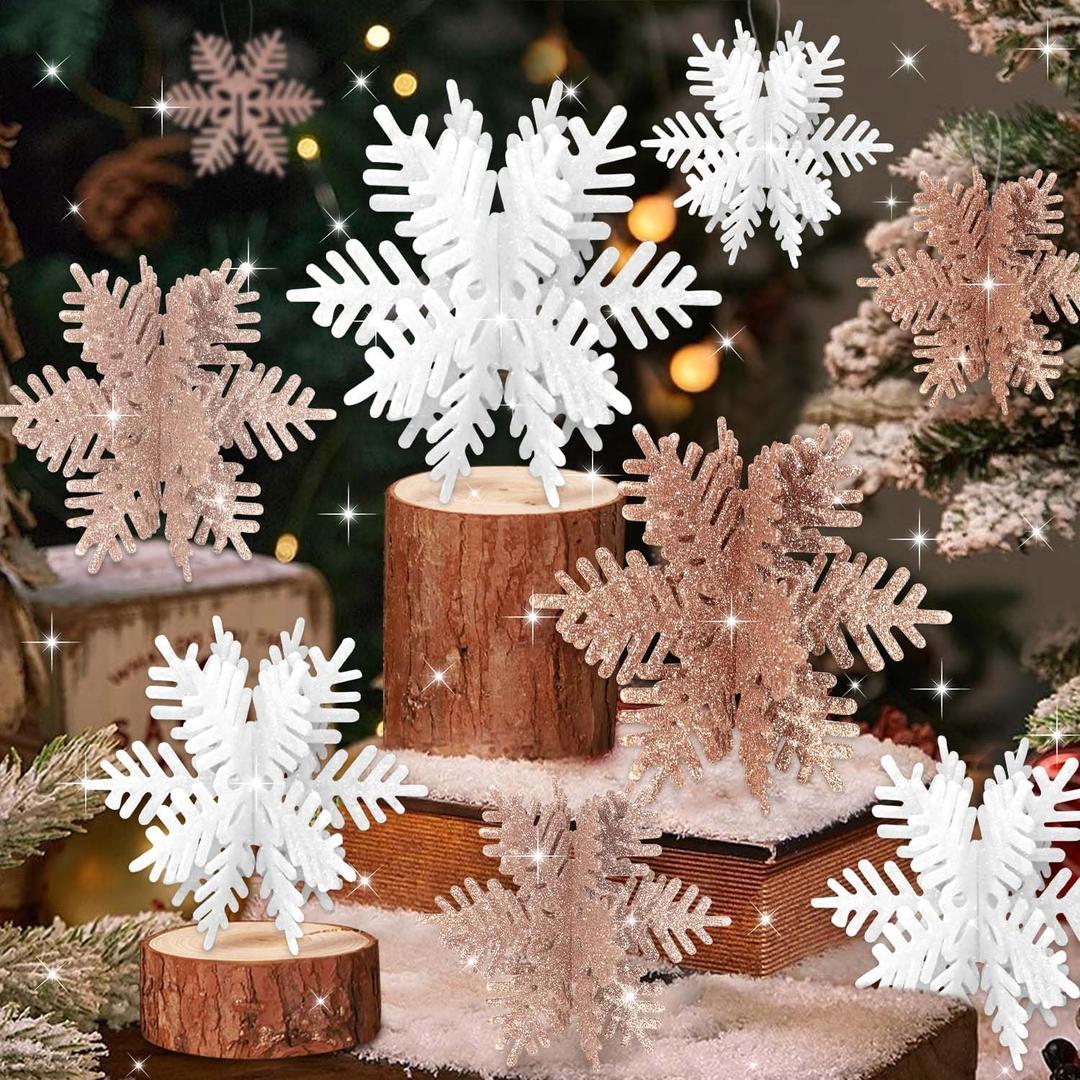 Hommtina 8 PCS Snowflake Decorations, Glitter 3D Snowflake Christmas Decor, Tabletop Centerpiece Winter Wonderland Decorations for Christmas Party (White, Light Rose Gold, Rose Gold)