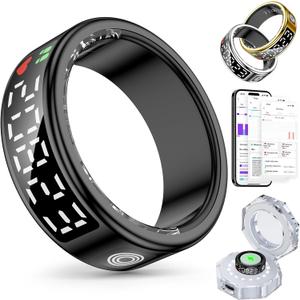 Smart Rings for Women Men, Health Fitness Tracker Ring with LED Display Screen, Sleep Tracker Rings Compatible with iOS/Android Activity Tracker/Heart Rate/SpO2/Sleep/Step (9, Black)