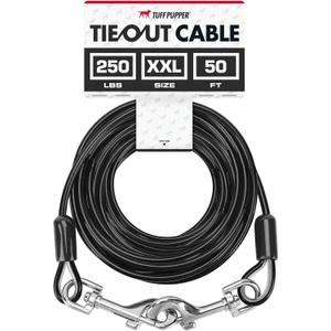 Tuff Pupper Dog Tie Out Cable 50 Feet | Dog Runner Cable for Yard 50 ft | Heavy Duty Lead | Water & Rust Resistant Industrial Strength Steel | 360 Degree No Tangle Swivel Clips (250 lbs Max Weight)